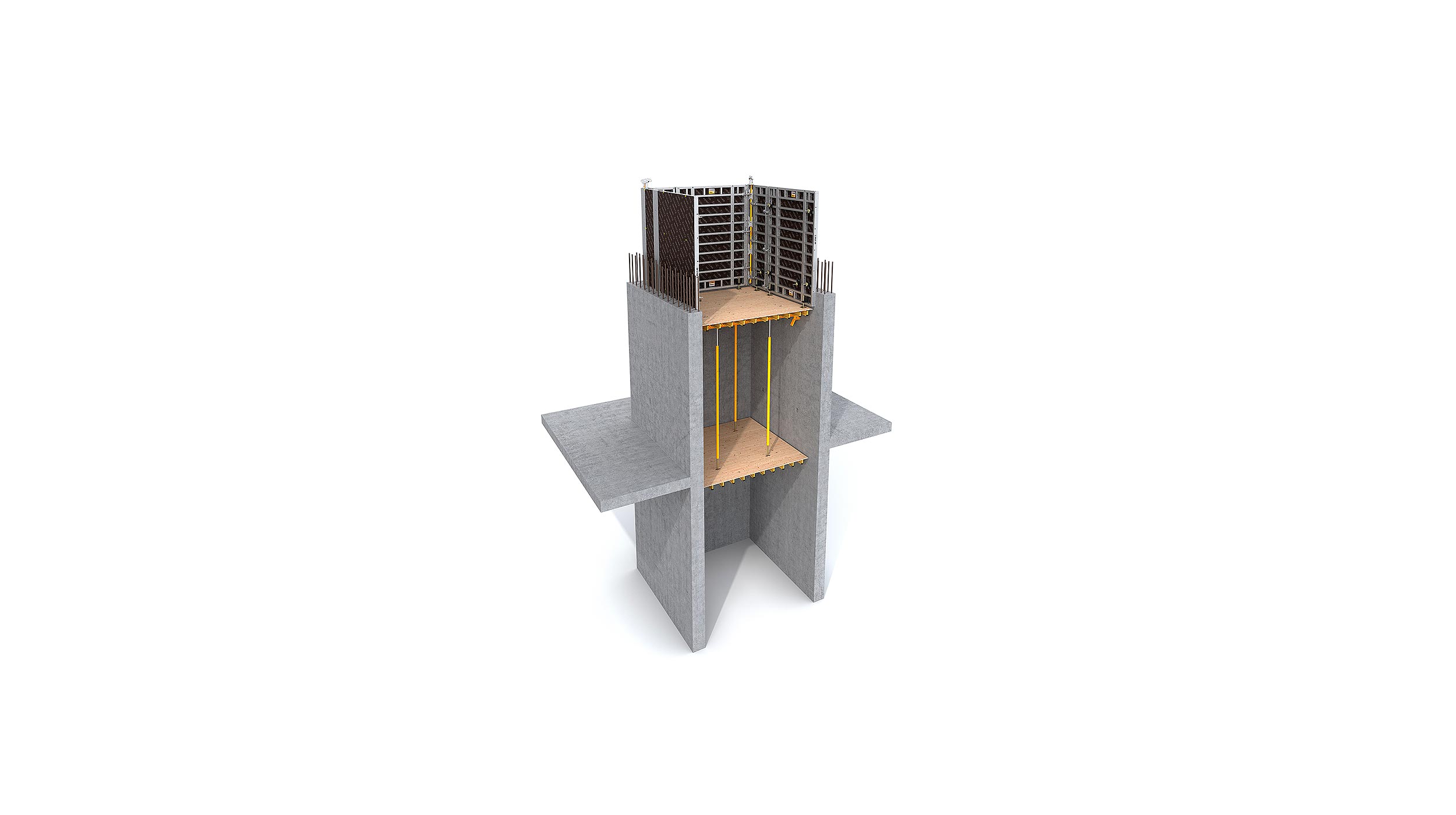 A simple solution for supporting shaft internal formwork. Perfect for elevator and staircase shafts, hollow piers etc.