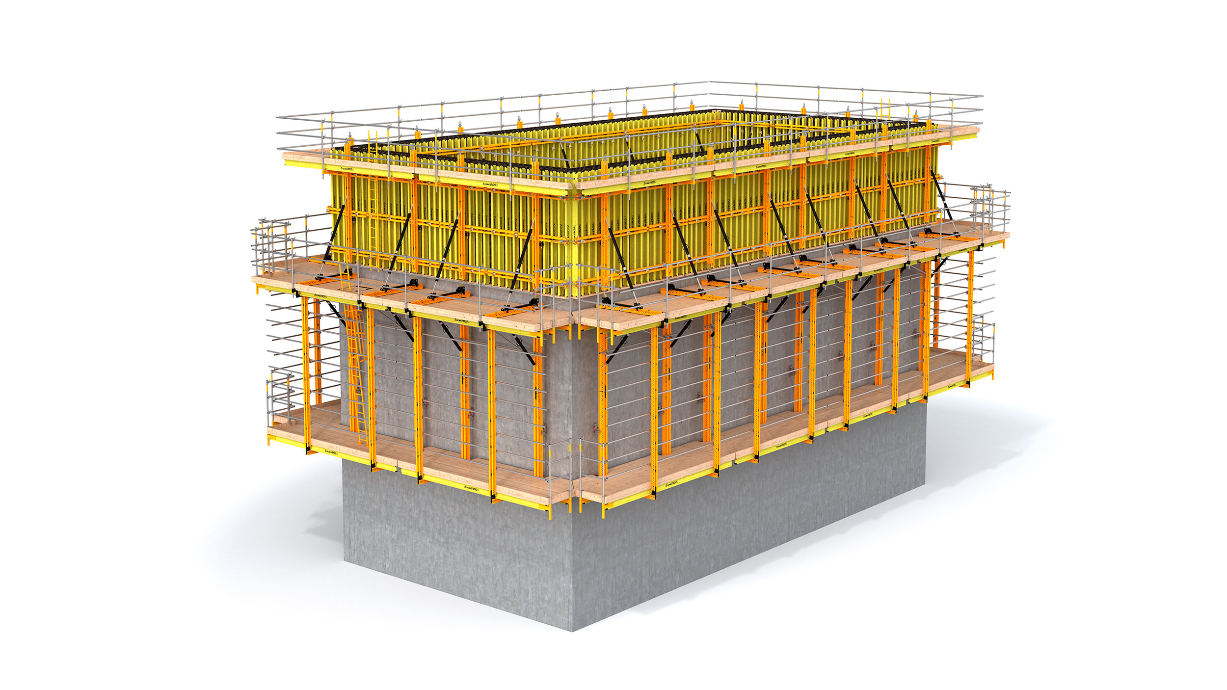 Flexible rail-guided climbing formwork for high-rise buildings. Highlights: optimised structure and easy to use.
