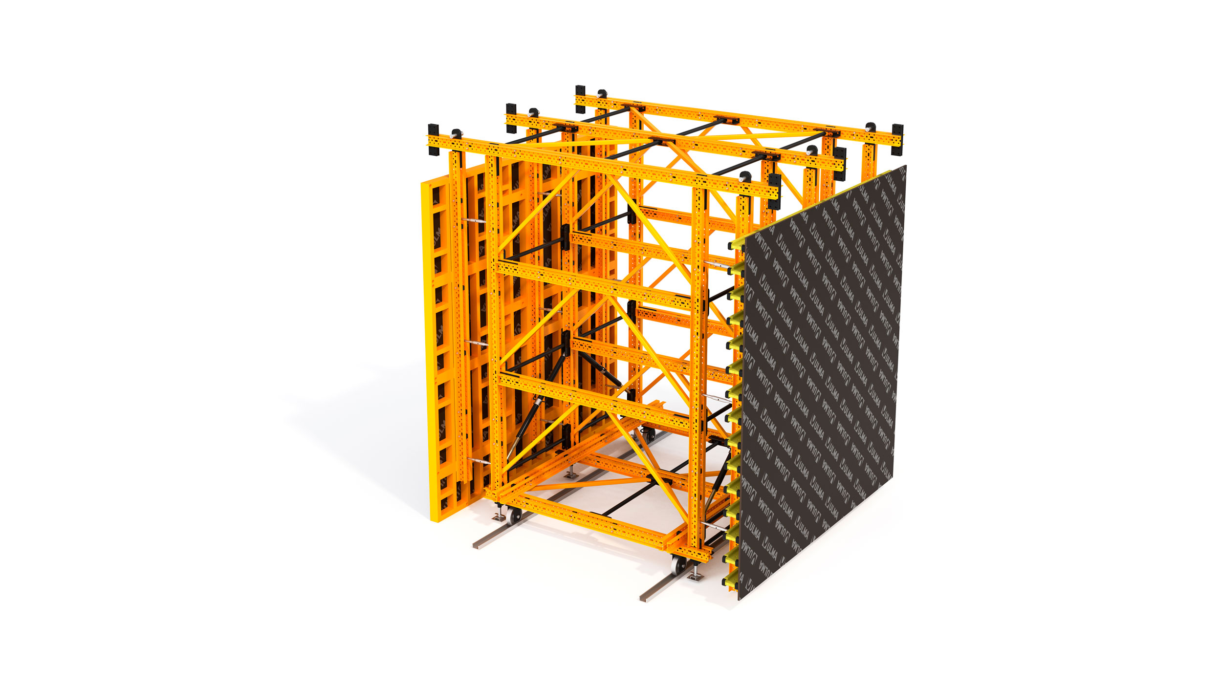 Movable system for the construction of very long single or double-sided concrete walls. Easy formwork erection and stripping.