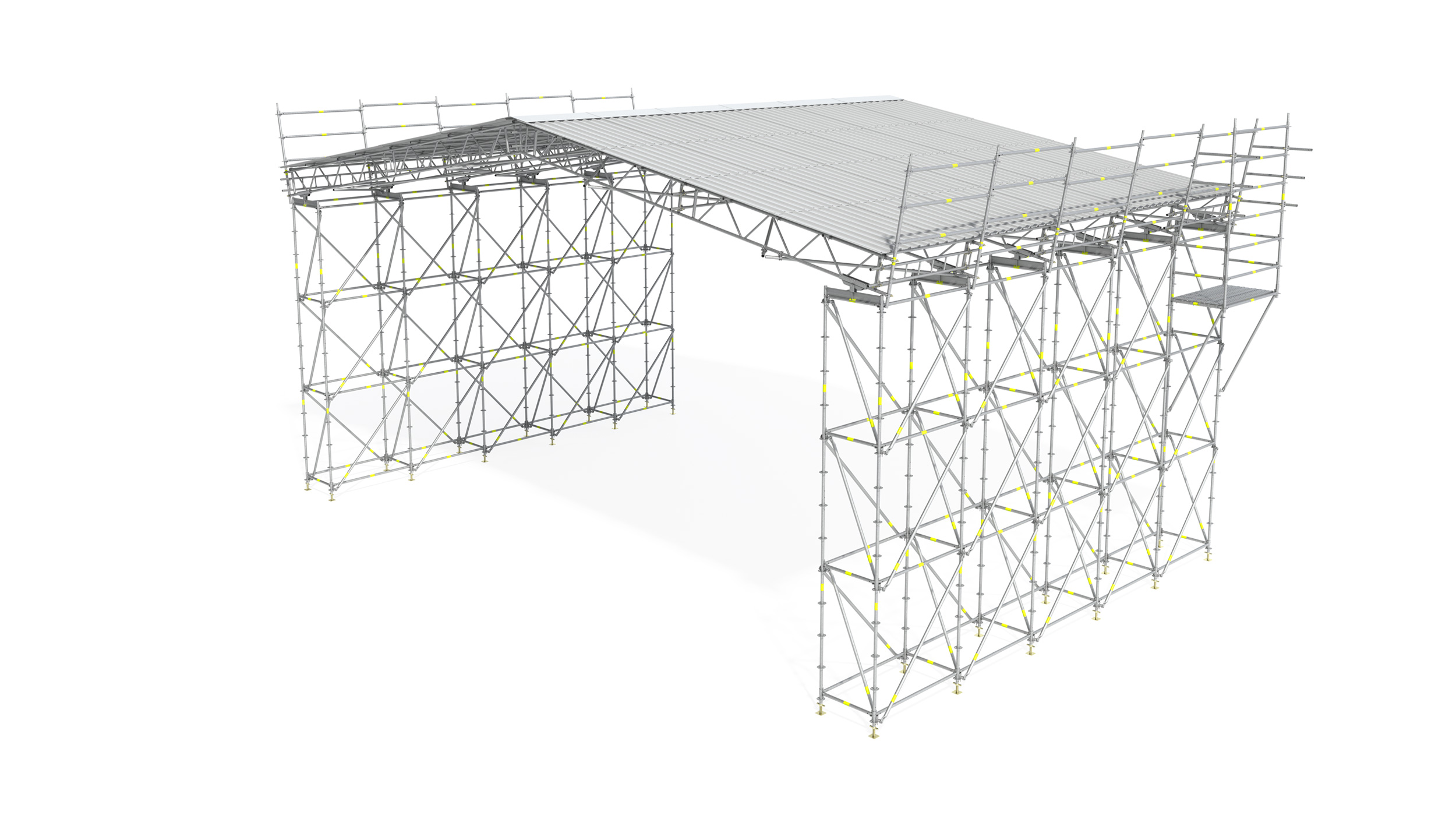 Protective temporary roofing against adverse weather conditions, and for fall prevention.