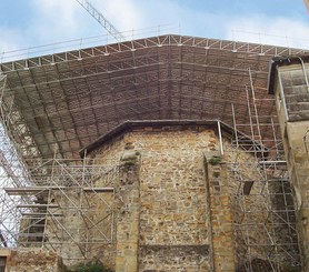 Temporary roofing for creating protected work areas