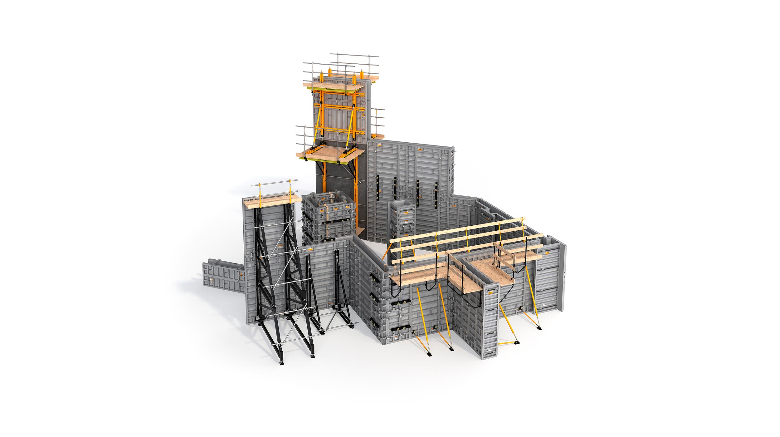 Système de coffrage modulaire haute performance pour les murs. Baisse de la main-d’œuvre et du temps d’exécution grâce à l’option d’attache unilatérale.