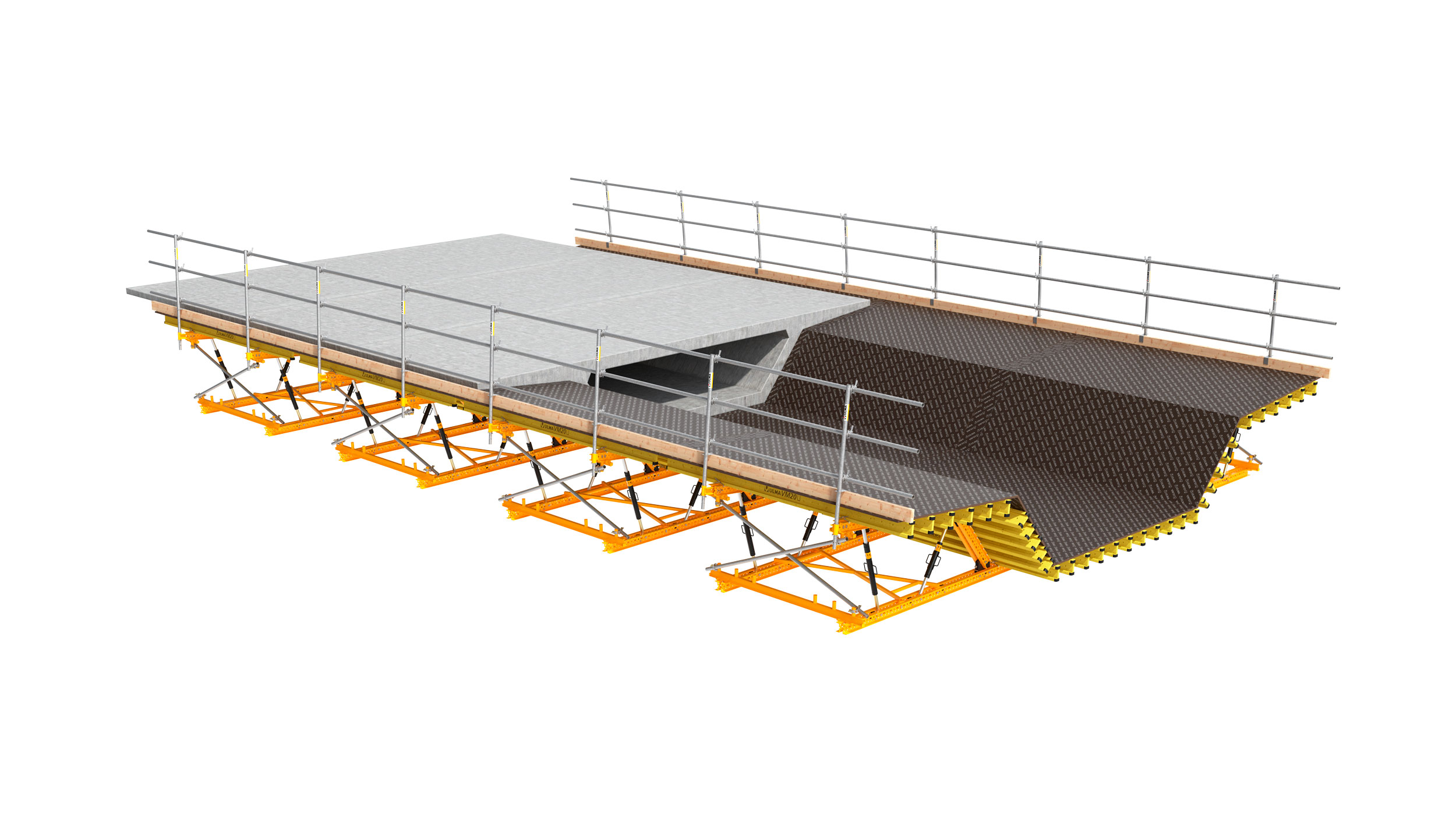 Coffrage de poutres extrêmement polyvalent pour diverses structures de béton horizontales. Convient de façon remarquable à la forme des sections; la solution idéale pour les tabliers de pont, parmi plusieurs autres.