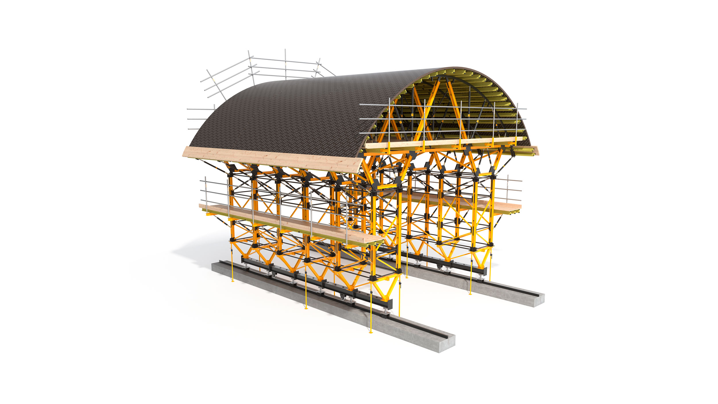 Chariot de coffrage économique offert en location. Avancement manuel ou hydraulique et cycles de travail accélérés.