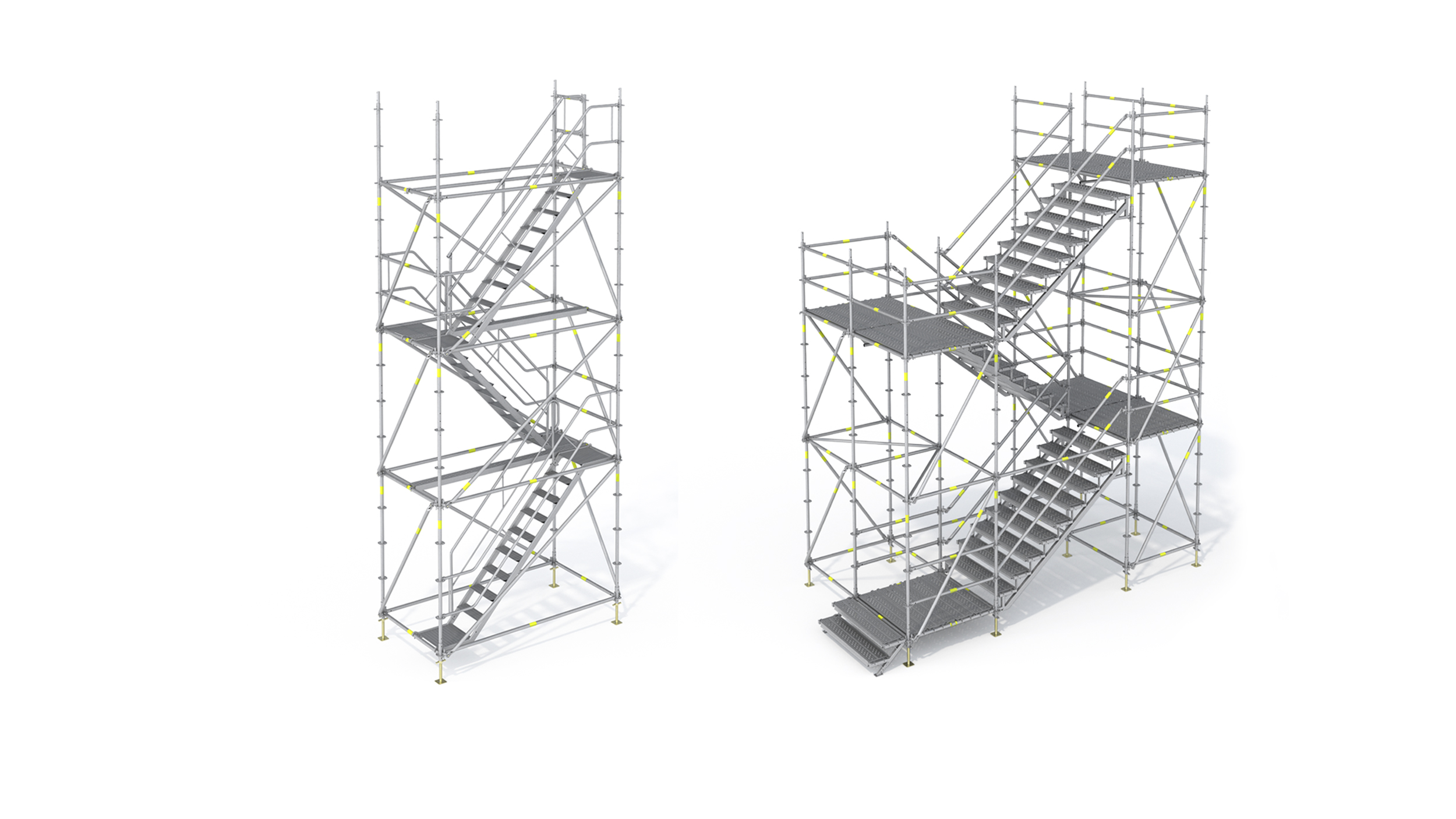 Tours d'escalier provisoires pour accéder aux sites de construction et pour le trafic piétonnier dans les espaces publics et pour les évacuations en cas d'urgence.