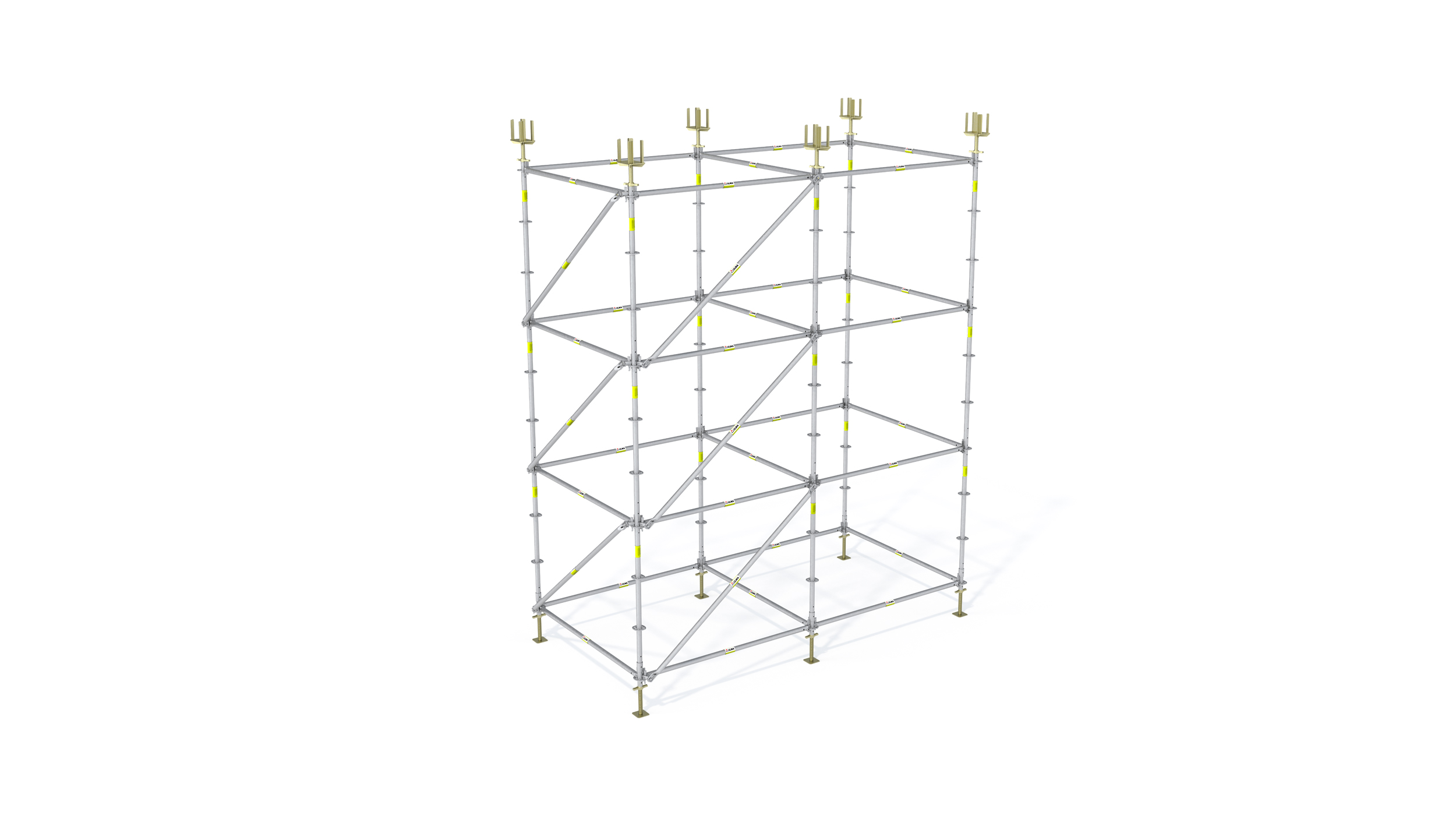Système d'échafaudage à cadre et verrou circulaire fortement adaptable pour toute géométrie de façade. S'érige rapidement et sécuritairement. Produit homologué.