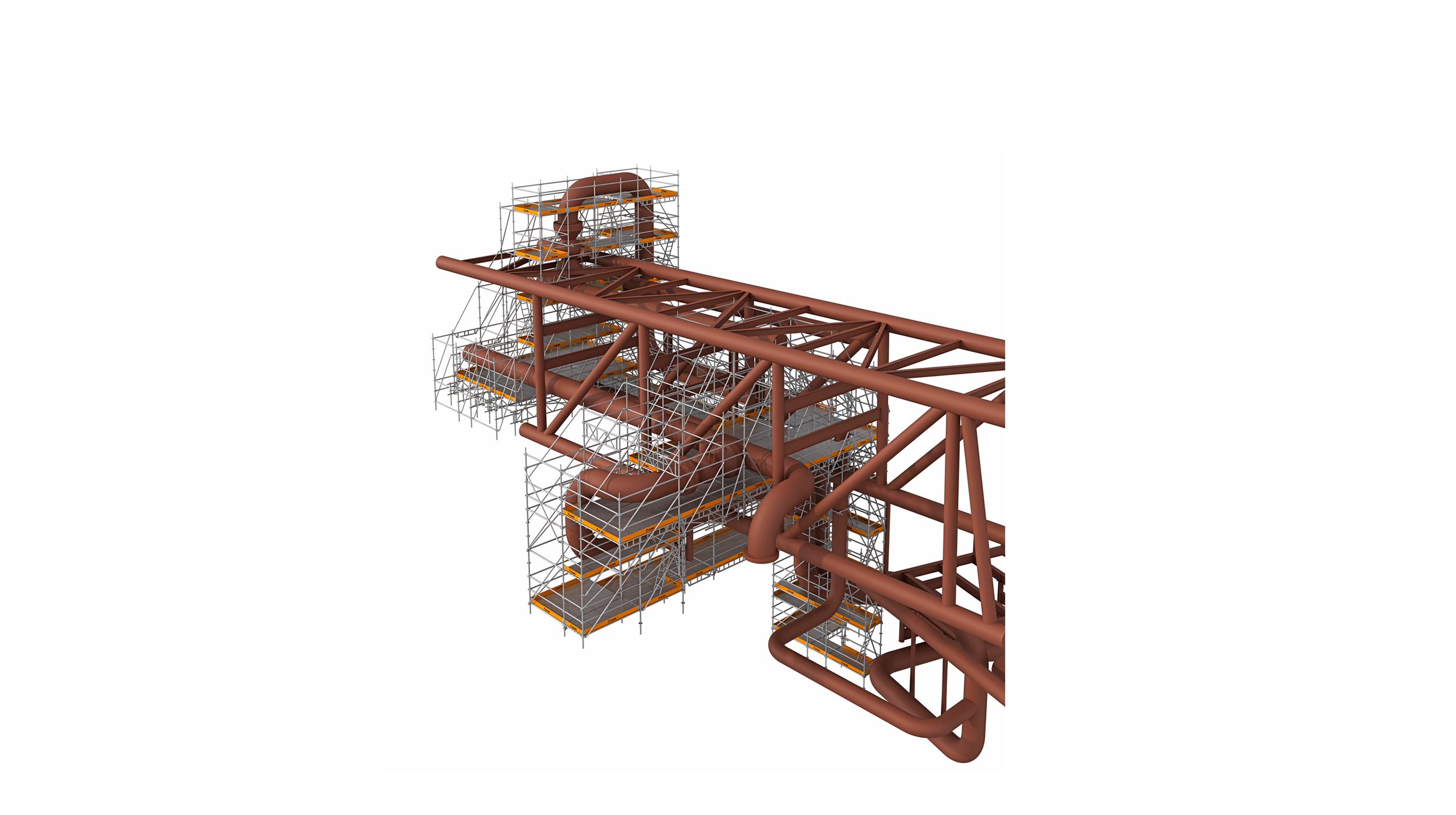 Système d'échafaudage provisoire extrêmement stable et flexible, centré sur les tâches de construction et d'entretien pour les installations industrielles et de production d'énergie.